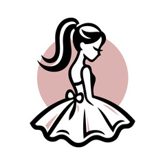 Logotipo de boutique de moda femenina. Dibujo sencillo con líneas de una chica joven de pie con un vestido, vista de perfil, con un círculo  © teracreonte