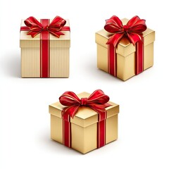 Obraz premium Three gold gift boxes with red and gold ribbons, presented against a white background
