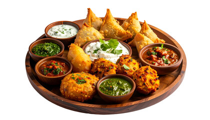 A platter of Indian appetizers, including samosas and various dipping sauces