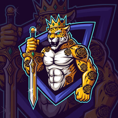 Majestic Leopard King Mascot with Crown and Sword. © f collection