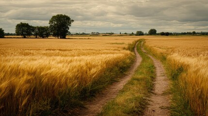 Fototapeta premium A dirt track winds through a golden wheat field under a cloudy sky, with trees in the distance.