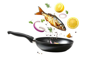 A fish is about to be cooked with vegetables and lemons in a pan, floating mid-air
