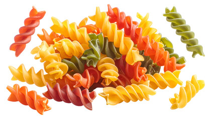 A close-up of vibrant, spiral-shaped pasta in multiple colors scattered against black