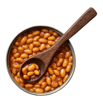 Baked beans in tin plate with wooden spoon isolated on transparent background PNG