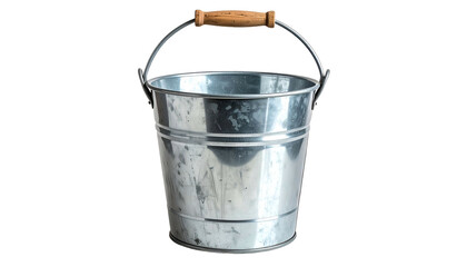 A shiny silver bucket with a wooden handle, shown against a solid black background