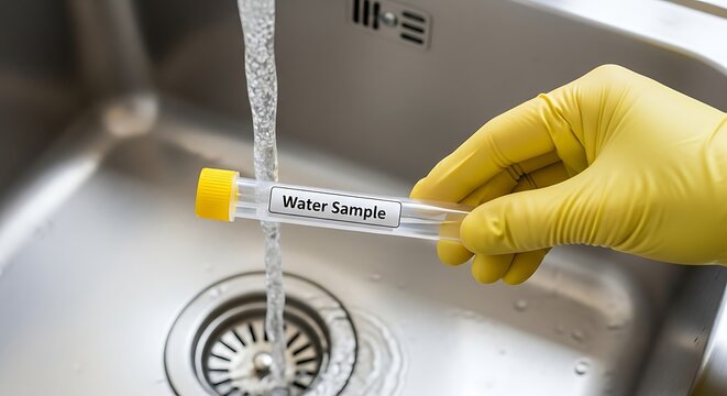 Hand in yellow glove collecting water sample from kitchen faucet into test tube for contamination analysis. Research and water quality test in laboratory.