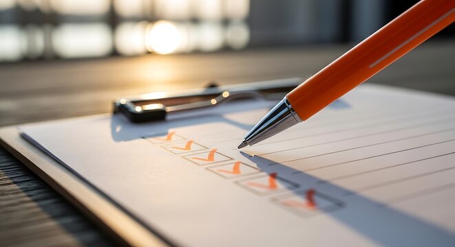 Orange pen on a clipboard with a checklist. Task management and productivity concept for business planning and personal organization.
