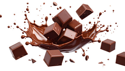 Cubed chocolate pieces splash out from liquid, resembling a splash against black
