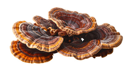 A cluster of bracket fungi displays vibrant concentric rings of brown, orange, and white