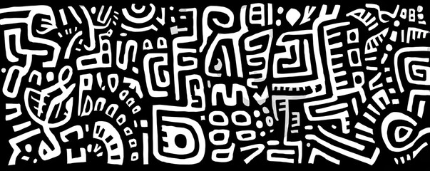 A black and white linear abstract design with complex interconnected shapes and patterns