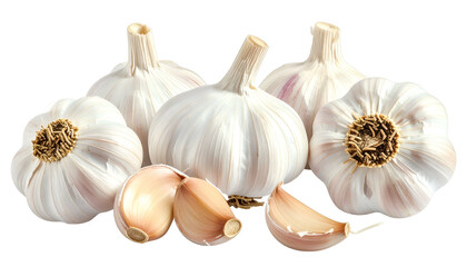 Six whole garlic bulbs and three cloves, arranged on a transparent background