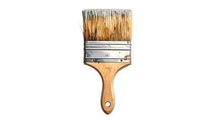 A close-up view of a paintbrush against a black background, with visible bristles and wooden handle
