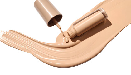 Beige cosmetic product bottle spills, creating smooth swatch on dark background