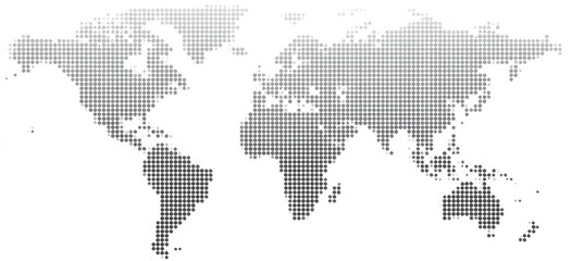 World map depicted with grayscale dots, arranged to form continents and oceans