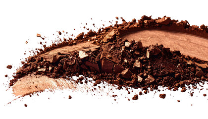Close-up of crushed brown makeup powder with a swatch, isolated on black