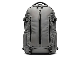 Stylish gray backpack with multiple compartments and zippers, perfect for travel and everyday use