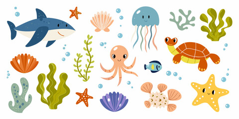 Colorful cartoon illustration of various marine life and underwater plants