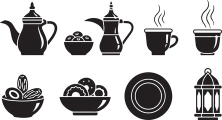 Ramadan Kareem Iftar Food and Drink Icon Set - Traditional Arabic Teapot, Coffee Cups, Dates Bowl, and Lantern Solid Black Vector Symbols