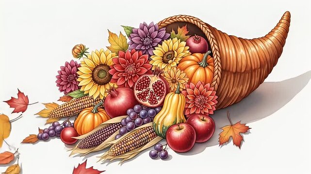 Illustration of a horn of plenty overflowing with harvest foods and autumn foliage