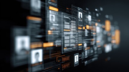 Abstract digital interface showing multiple user profiles and personal data panels for human resources management or social network analytics