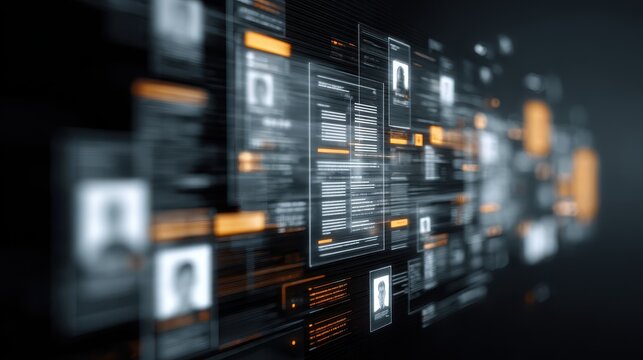 Abstract digital interface showing multiple user profiles and personal data panels for human resources management or social network analytics