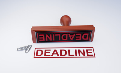 3D Illustration of Deadline Reminder Rubber Stamp with Key on Clean Background, Business Time Management Concept