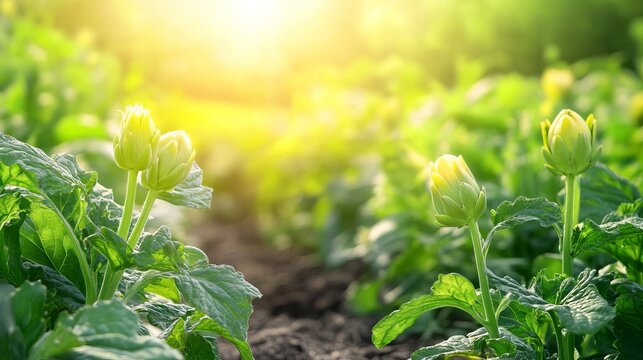 Lush green artichoke buds thriving under bright sunlight on fertile organic farmland during summer