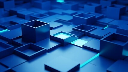 Obraz premium Abstract digital cubes in blue tones with neon lighting and modern design