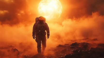 A spaceman walking through a misty distant planet. surreal mystical fantasy artwork