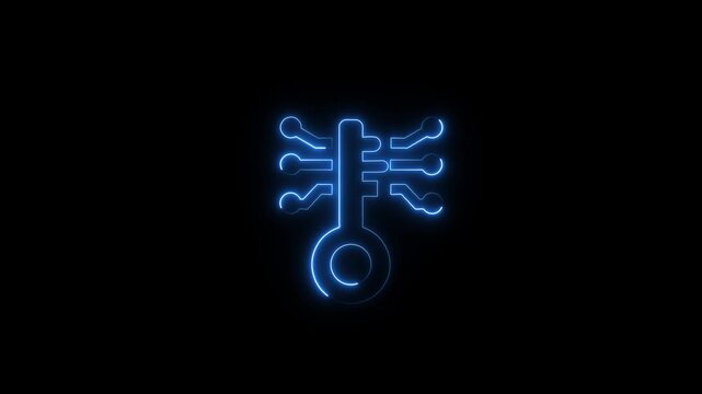 Blue neon digital key icon with circuits animation. Cryptocurrency circuit key icon on black background. Cybersecurity security access.