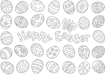 Obraz premium Greeting card with festively decorated hand-drawn Easter eggs, black and white vector cartoon illustration for a coloring book