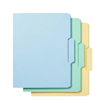 Stack of colored paper file folders top view isolated. Office stationery document mockup.