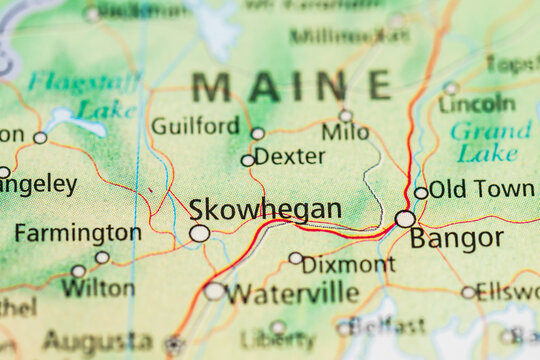 Printed map detail of Maine showing Skowhegan and Bangor.
