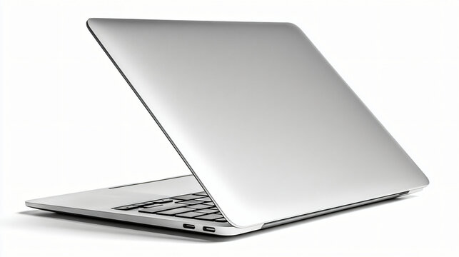 Modern silver laptop computer standing on white background