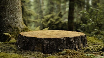 Fototapeta premium The Forest Stage: A textured, tree stump platform, a natural stage for showcasing items, perfectly nestled amid the enchanting allure of a green forest. 