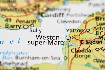Naklejka premium Close up road map showing Weston super Mare coastal region.
