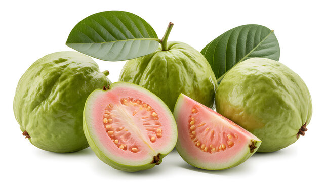 A vibrant display of fresh green guavas with pink interiors and leaves on a white background