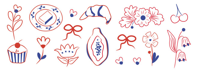 Set of spring summer stickers. Icons for tropical vacation. Seasonal outline ink elements collection. Fruits, flower, leaves, tulip, papaya, bow, ribbon, croissant, cupcake, cherry, cafe accessories. © Sinta Alfa