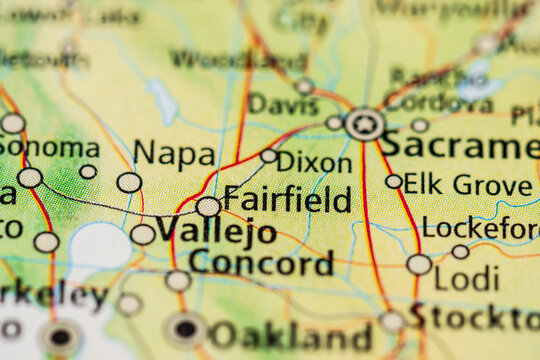 California map detail showing Napa Fairfield and Vallejo cities.
