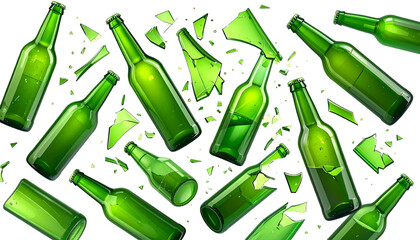 Green glass bottles, some whole, some shattered, scattered against a black background