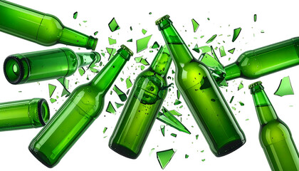 Green glass bottles shattering, fragments scattered against a dark background, dynamic