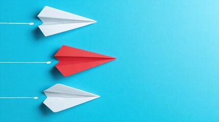 The paper airplane red leader flying between two white planes on blue background