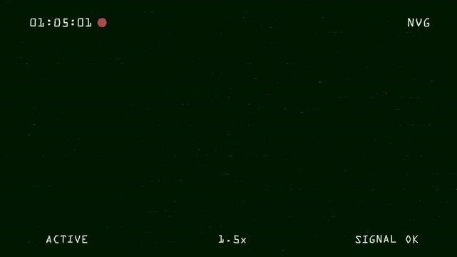 Transparent CCTV night vision recording interface overlay with soft analog static green NVG display timestamp counter and realistic surveillance monitor frame in 4K