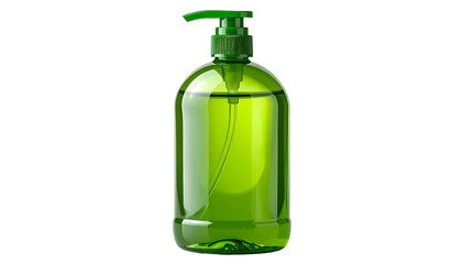 Green translucent liquid soap dispenser with pump against black background