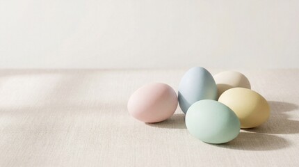 Five pastel colored eggs arranged on light linen fabric with soft natural light and neutral background. Clean composition with open copy space for seasonal design. High quality photo