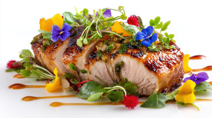 roasted pork loin with apple chutney on a rustic table