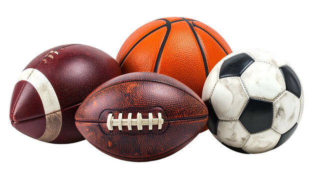 Four sports balls, including American football, basketball, & soccer, on black background