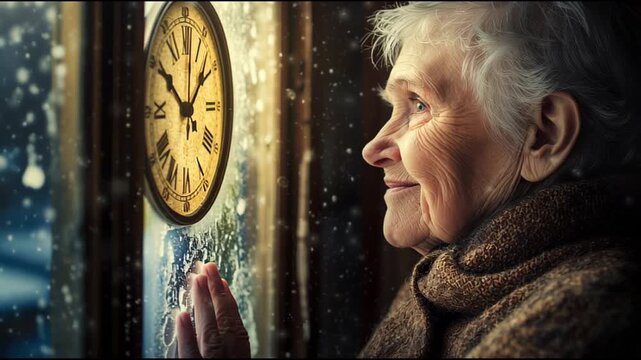 Elderly woman looks at clock during snowy day at home in winter Generative AI