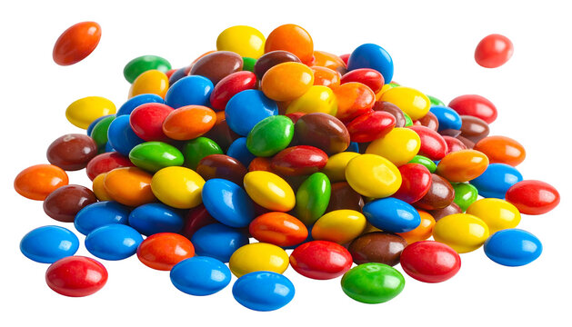 A colorful pile of small, smooth candies, some in mid-air, against a black background