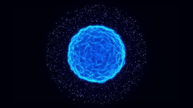 Glowing Blue Quantum Energy Sphere with Orbiting Particles &ndash; Futuristic Plasma Core, Abstract Atom Structure Animation 4K Loop